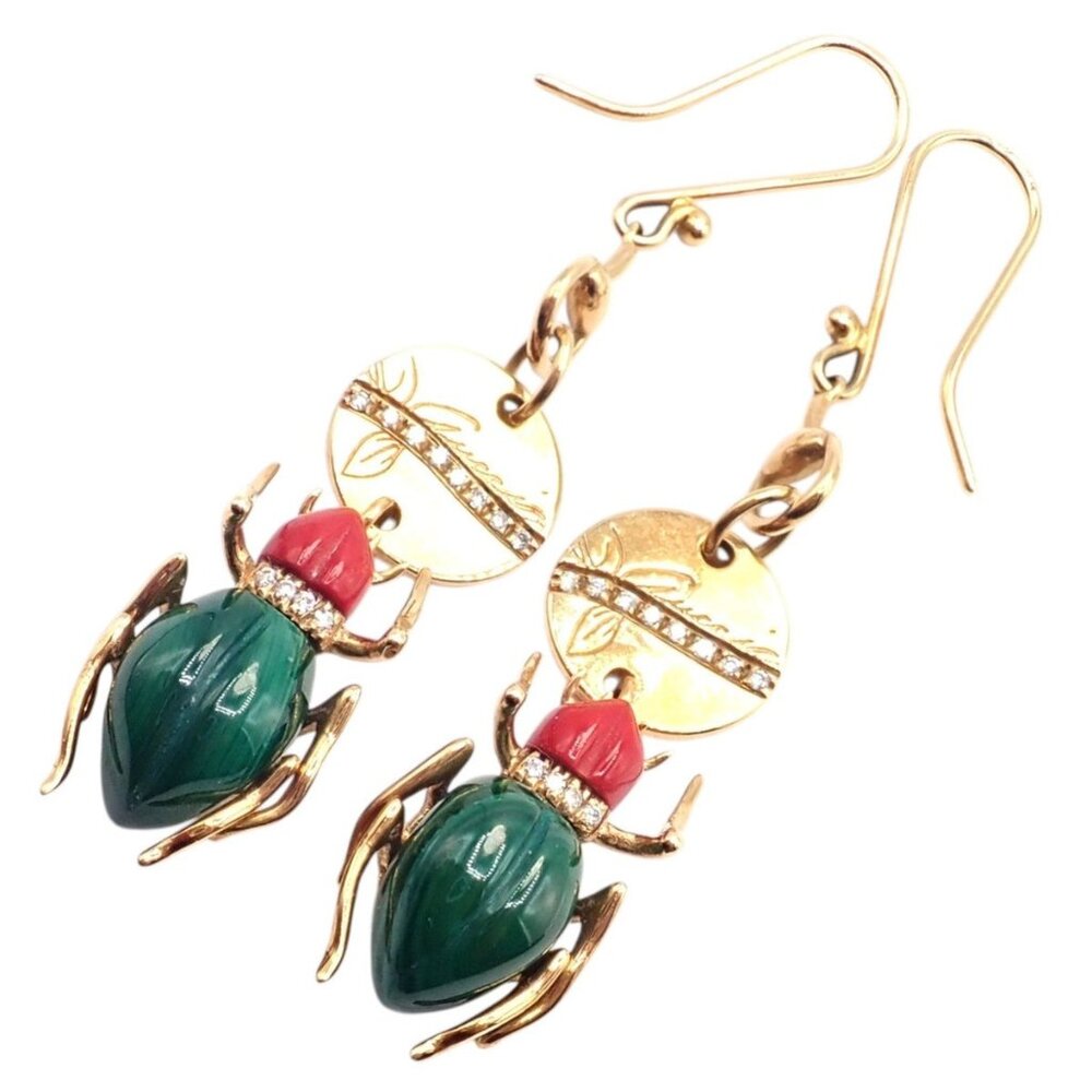 Authentic! Gucci 18k Yellow Gold Diamond Malachite Carnelian Scarab Earrings